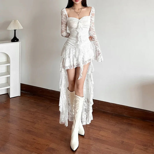 White Fairycore Lace Flare Sleeve Long Train Dress