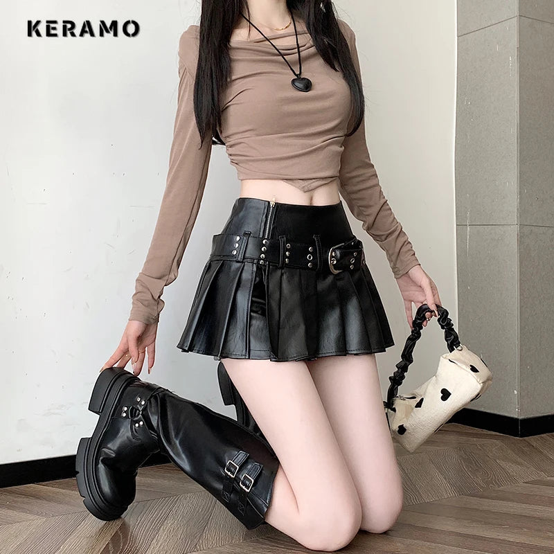 Sexy Black PU Leather Pleated Mini Skirt Skort Clubwear