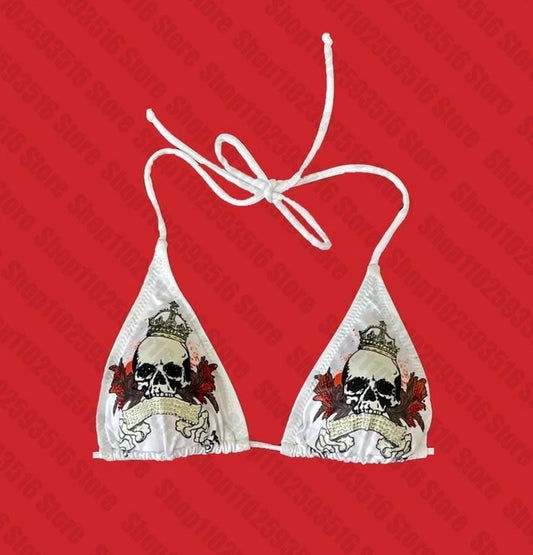 Sexy White Gothic Skull Print Triangle Bikini Swimwear Beachwear
