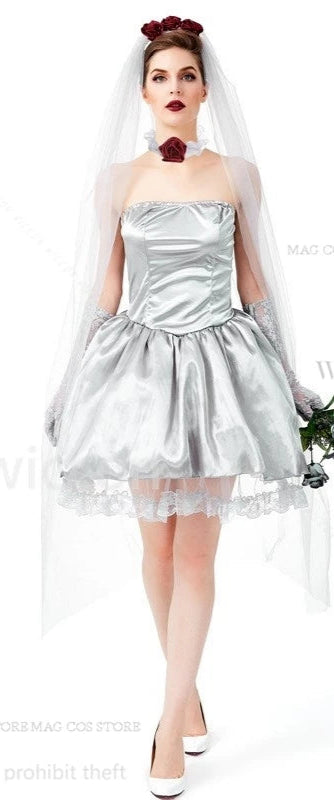 Ghost Corpse Bride Dead Zombie Bride Halloween Fancy Dress Costume