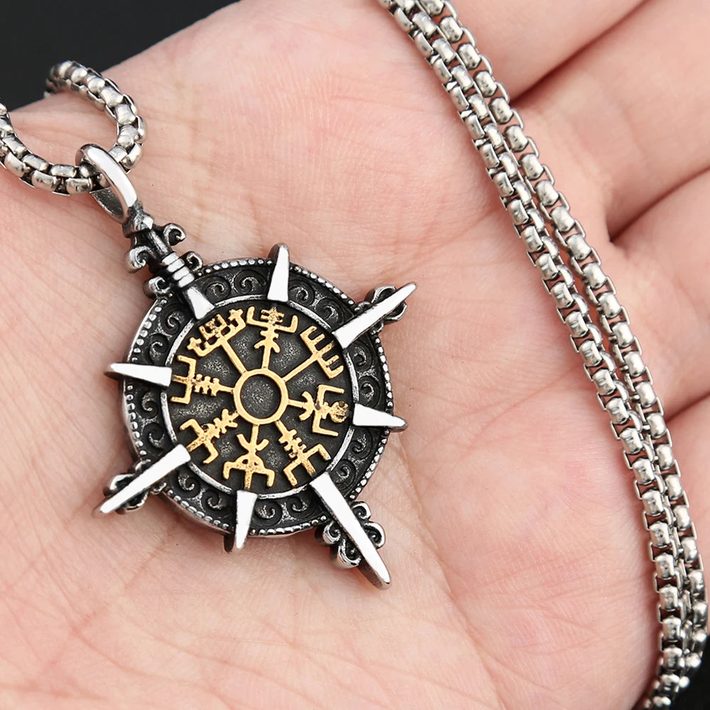 Vintage Viking Vegvisir Compass Pendant Necklaces For Men Stainless Steel Nordic Amulet Necklace
