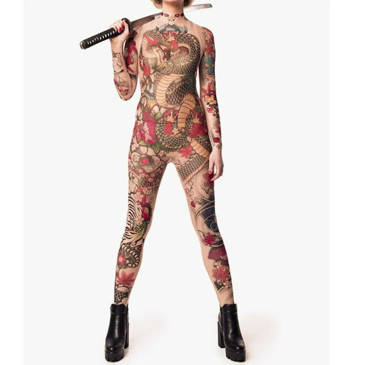 Sexy Halloween Tattoo Printed Dragon Bodysuit Costume Jumpsuit Women Fancy Dress