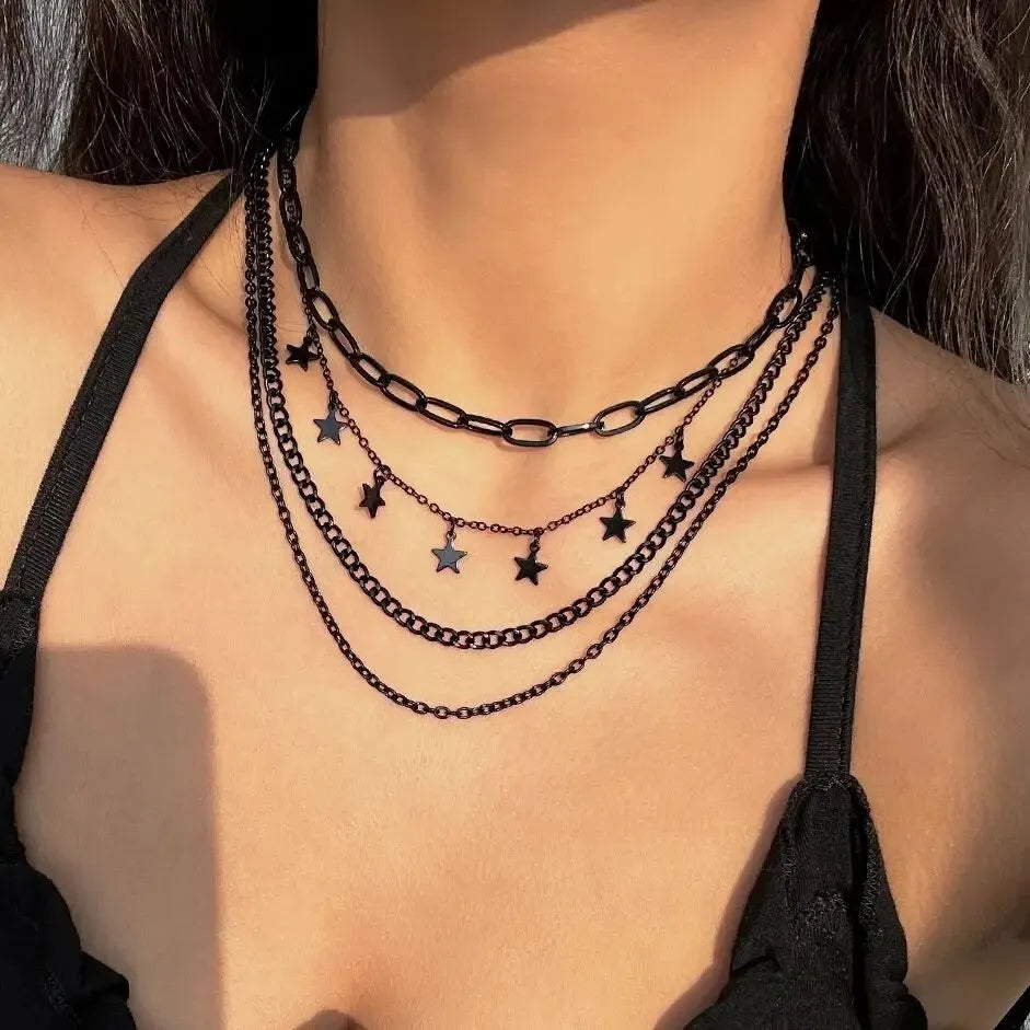 4Pcs/Set Goth Black Star Tassel Pendant Choker Necklace Adjustable Metal Chain