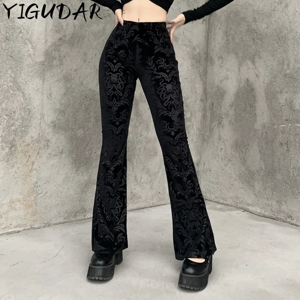 Gothic Floral Print Black Velvet Long Pants Bellbottom Bootcut Flares Trousers
