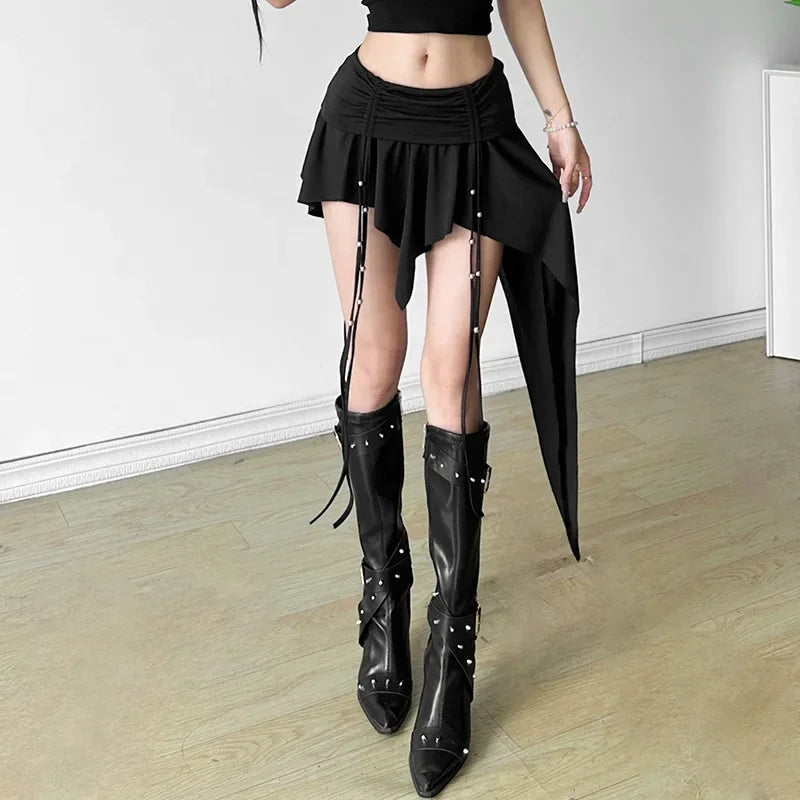 Gothic Punk Hipster Mini Skirt Dropped Waist Drawstring