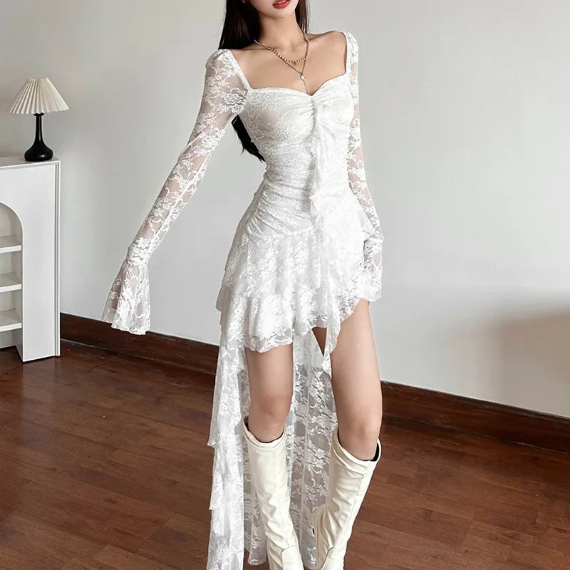 White Fairycore Lace Flare Sleeve Long Train Dress