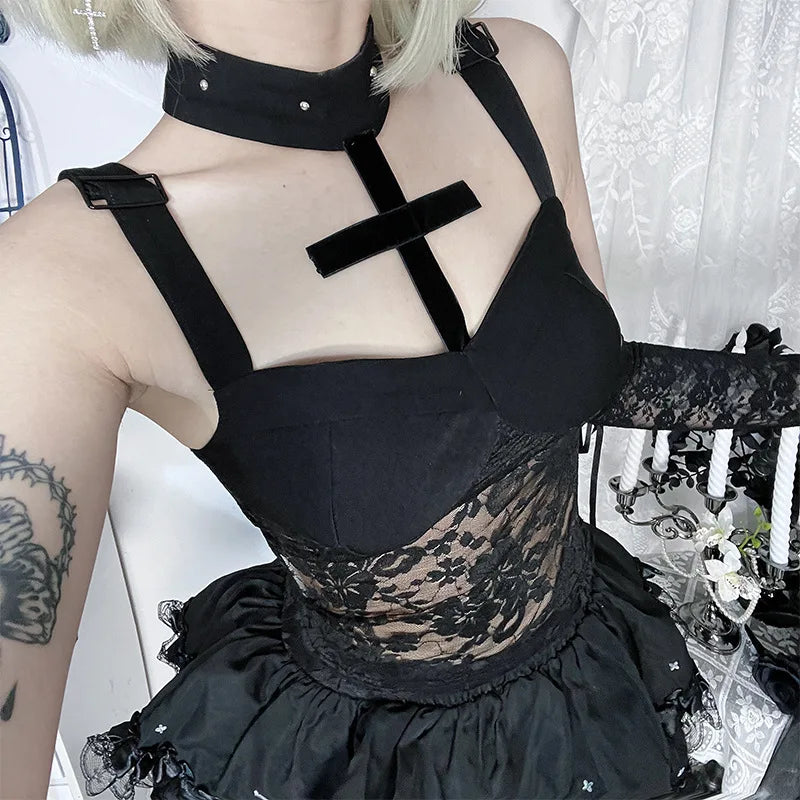 Black American Gothic Dark Camisole Women Y2k Lace Velvet Vest Top