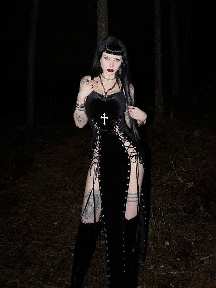Sexy Gothic Black Dark Velvet Dress Grunge Punk Asthetic Thigh Split