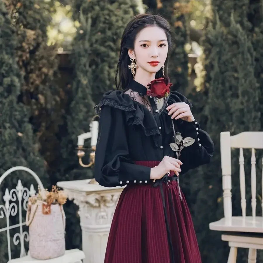 Vintage Gothic Black Lace Ruffle Blouse, Lace-up Long Skirt Outfit