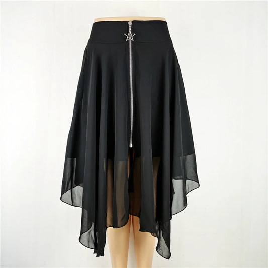 Gothic Black Net Pentagram Midi Long Layered Skirt