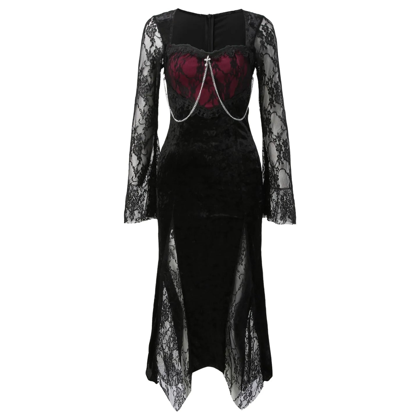 Elegant Victorian Gothic Black Velvet Lace Fishtail Vampire Long Dress