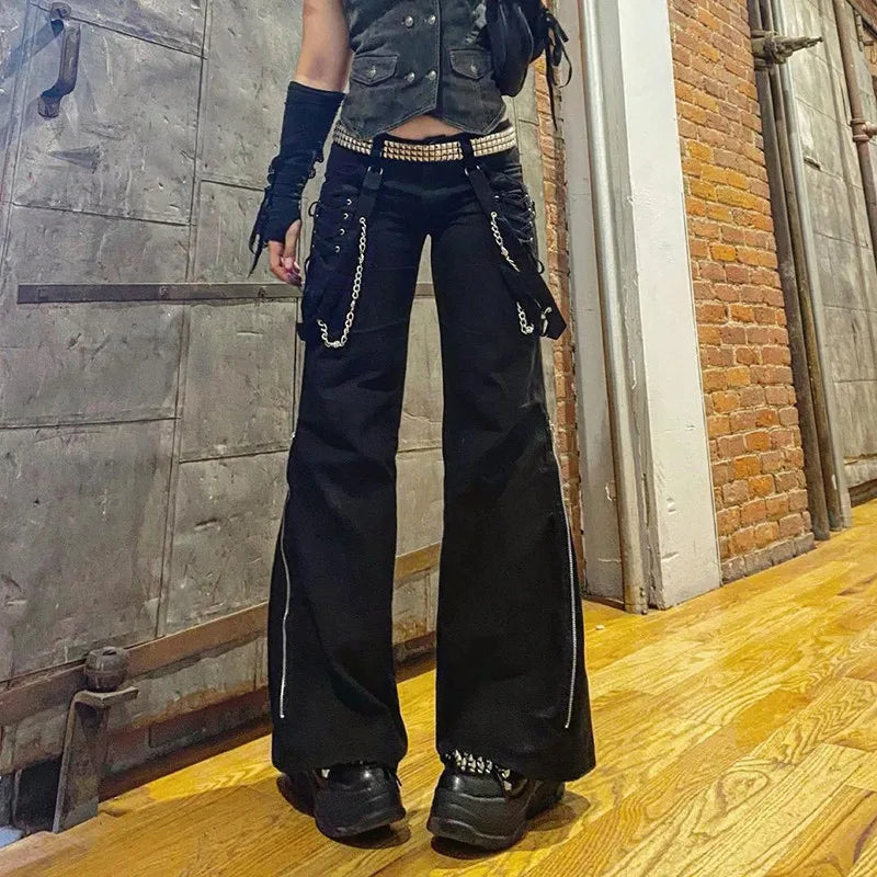 Women Pants Hip Hop Streetwear Rivet Combat Trousers Goth Dark Gothic Grunge Black Pants