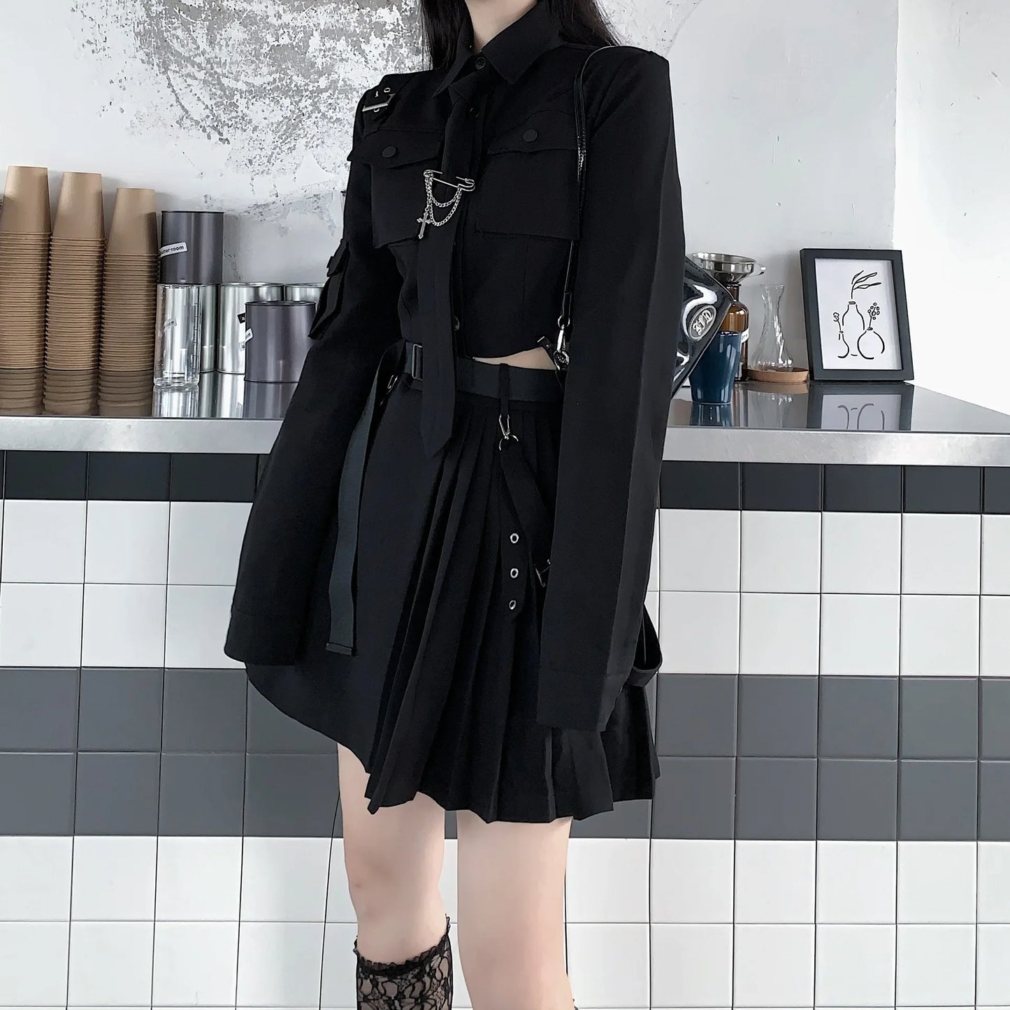 Alternative Gothic Punk Suit 2 Piece Black Cargo Utility Skirt and Shirt with Tie
