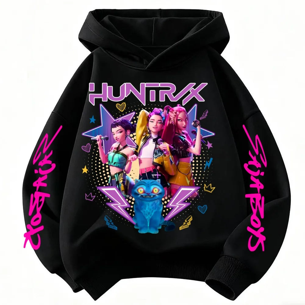 Kpop Demon Hunters Hoodie Girl's Pink Hooded Sweatshirt Huntrix Jumper K-Pop Clothes Top