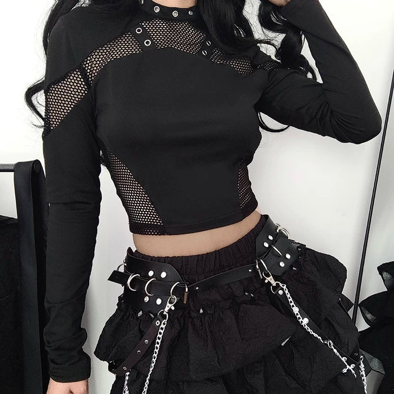 Sexy Gothic Punk Black Fishnet Mesh Long Sleeve Top Rivet Detail