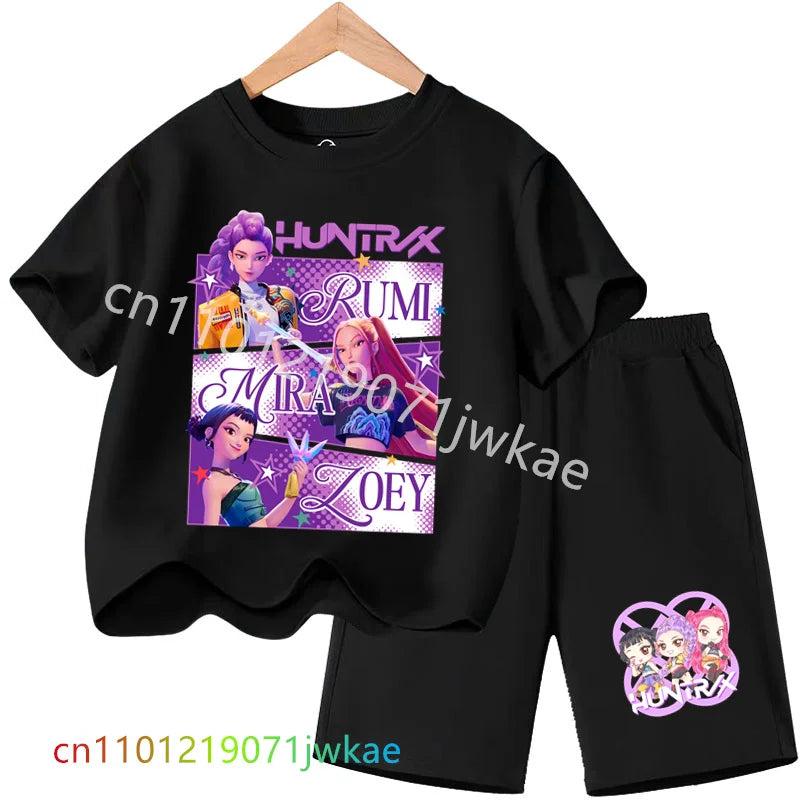 Huntrix T-shirt Set Kpop Demon Hunters Summer Clothes Shorts Rumi