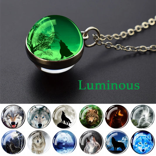 Glow in the Dark Wolf Necklaces Howling Wolf Head and Moon 2CM Glass Ball Pendant Double Sided