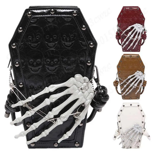 Punk Skull Shoulder Bag PU Leather Retro Gothic Cell Phone Purse Coffin Shape Handbag