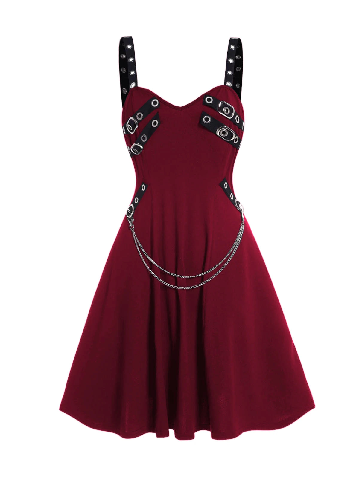 Burgundy Red Gothic Studded Chain Swing Skater Dress