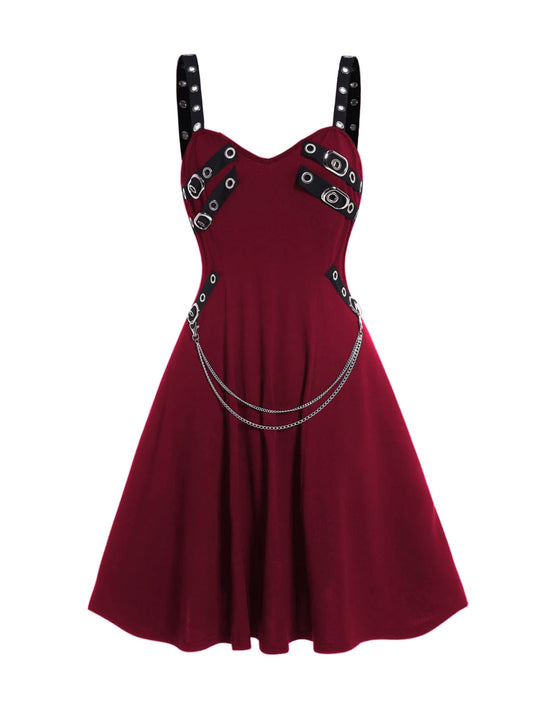 Burgundy Red Gothic Studded Chain Swing Skater Dress