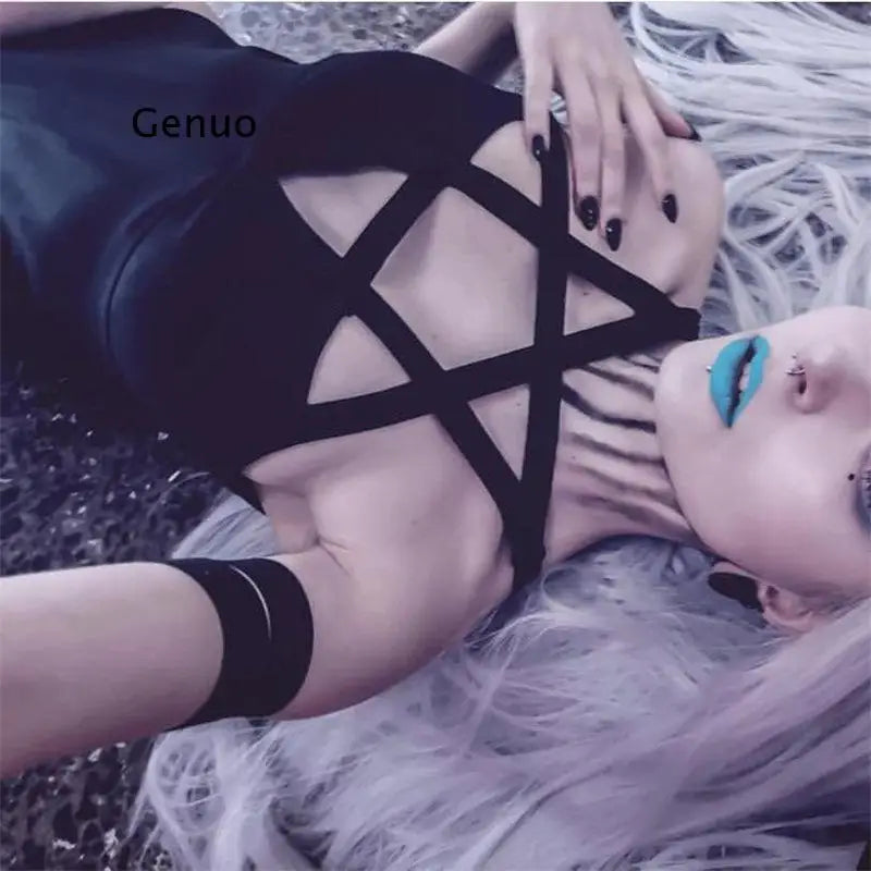 Black Sexy Gothic Pentagram Bodysuit Romper
