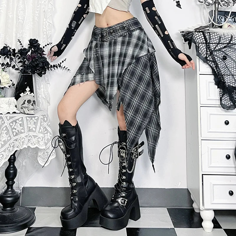 Goth Dark Punk Grunge Tartan Plaid Irregular Hem Short Skirts