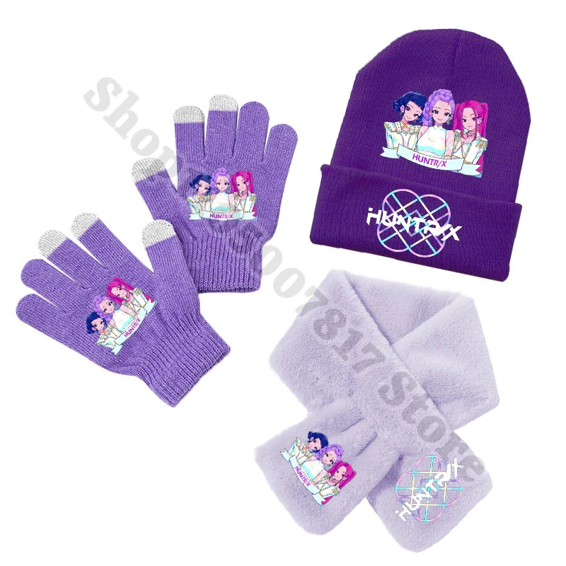 KPop Demon Hunters Kids Winter Knitted Hat Scarf Gloves Set Saja Boys K-pop Merch Huntrix Gifts