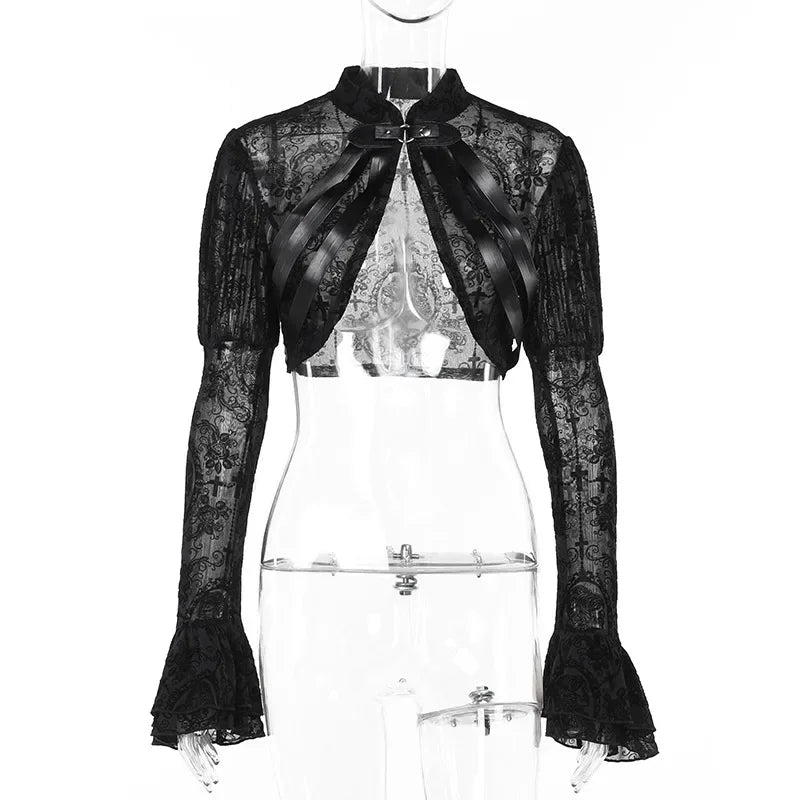 Lace Mesh Flared Long Sleeve Shrug Vintage Black See Through Cover-ups Coat Gothic Crop Top Sexy Y2K Goth Clothes Bolero Tops