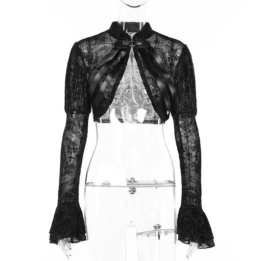 Lace Mesh Flared Long Sleeve Shrug Vintage Black See Through Cover-ups Coat Gothic Crop Top Sexy Y2K Goth Clothes Bolero Tops