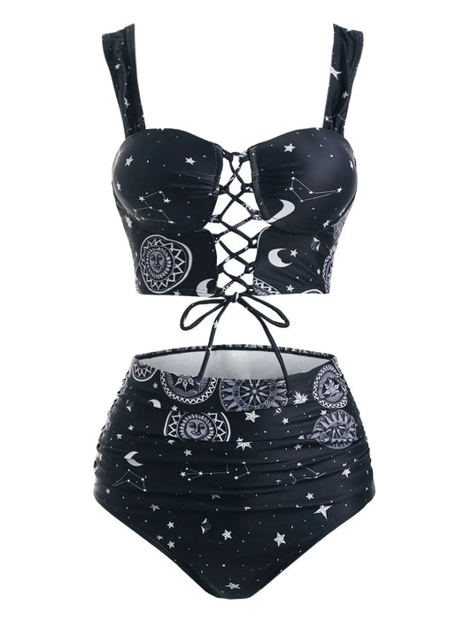 Vintage Retro 1950s Tankini Swimsuit Sun Moon Print Lace Up Ruched High Waist Swimwear