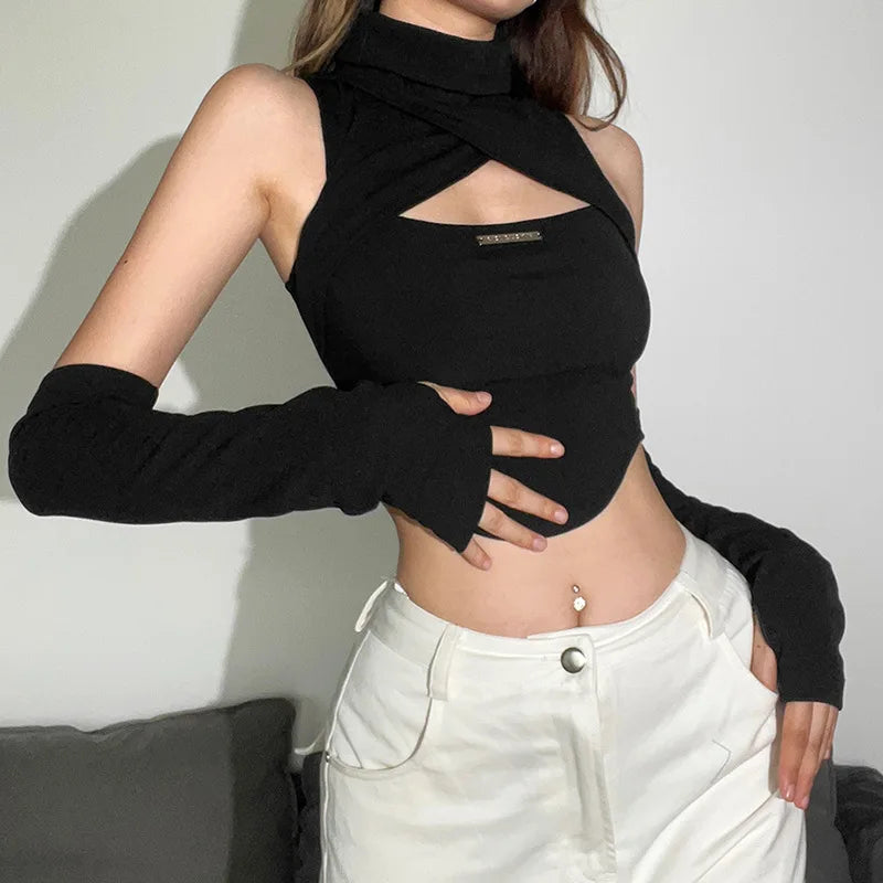 Black Gothic Turtleneck Y2K Crop Top Arm Warmers