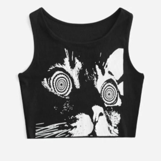 Cute Grunge Black Gothic Cat Kawaii Crop Tank Top Vest TShirt