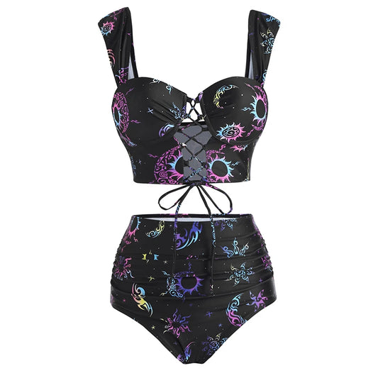 Dressfo Women's Vintage Tanknini Swimsuit Sun Moon Print Lace Up Cut Out Ruched High Waist Bottom Push Up Underwire Swimwear