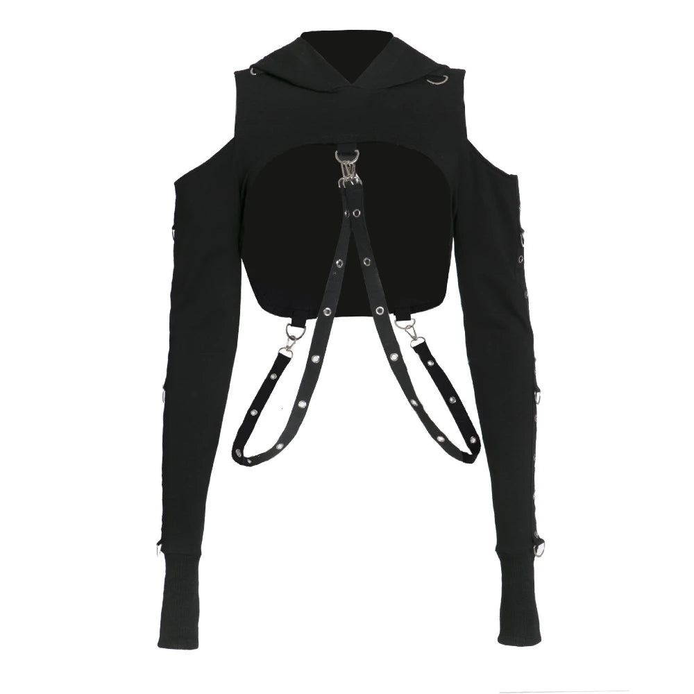 Black Gothic Hooded Crop Top Hoodie Harness Straps Punk Rave Sweater Jacket Shrug