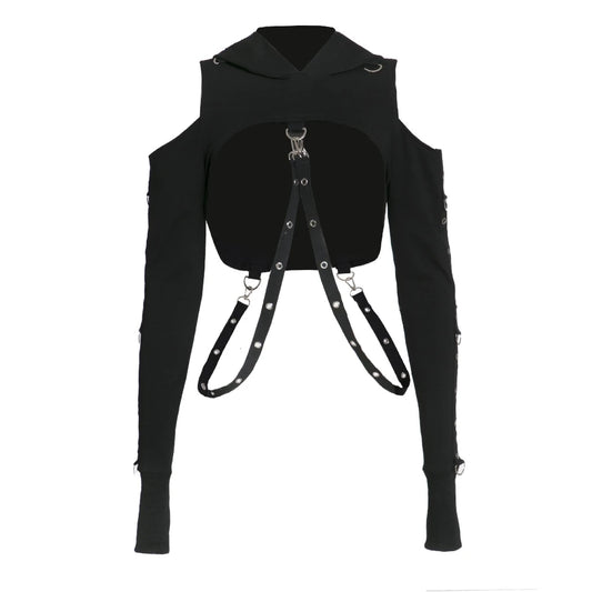 Black Gothic Hooded Crop Top Hoodie Harness Straps Punk Rave Sweater Jacket Shrug