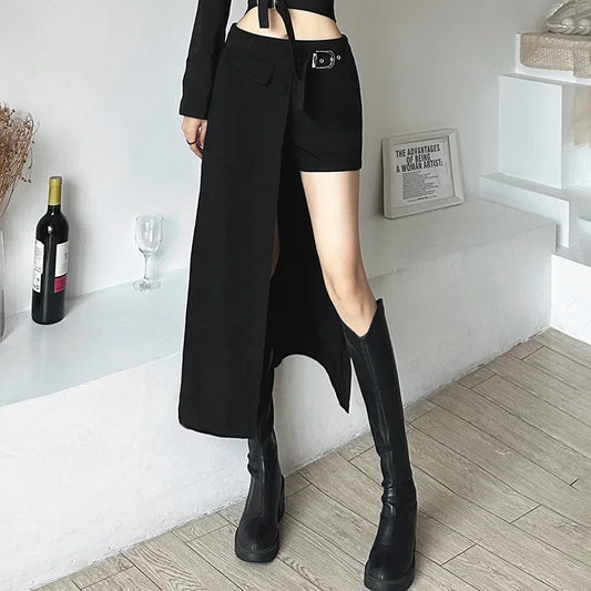 Sexy Gothic Black Long Punk Goth Slit Belt Skirt
