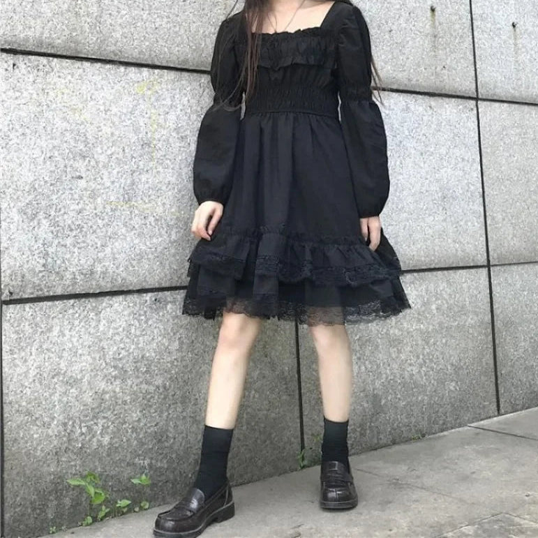 Gothic Black Lace Ruffle Dress