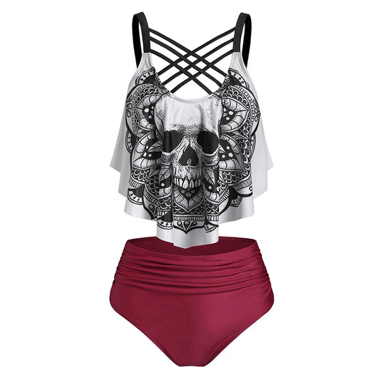 Gothic Skull Print Bikini Tankini Swimsuit Beachwear