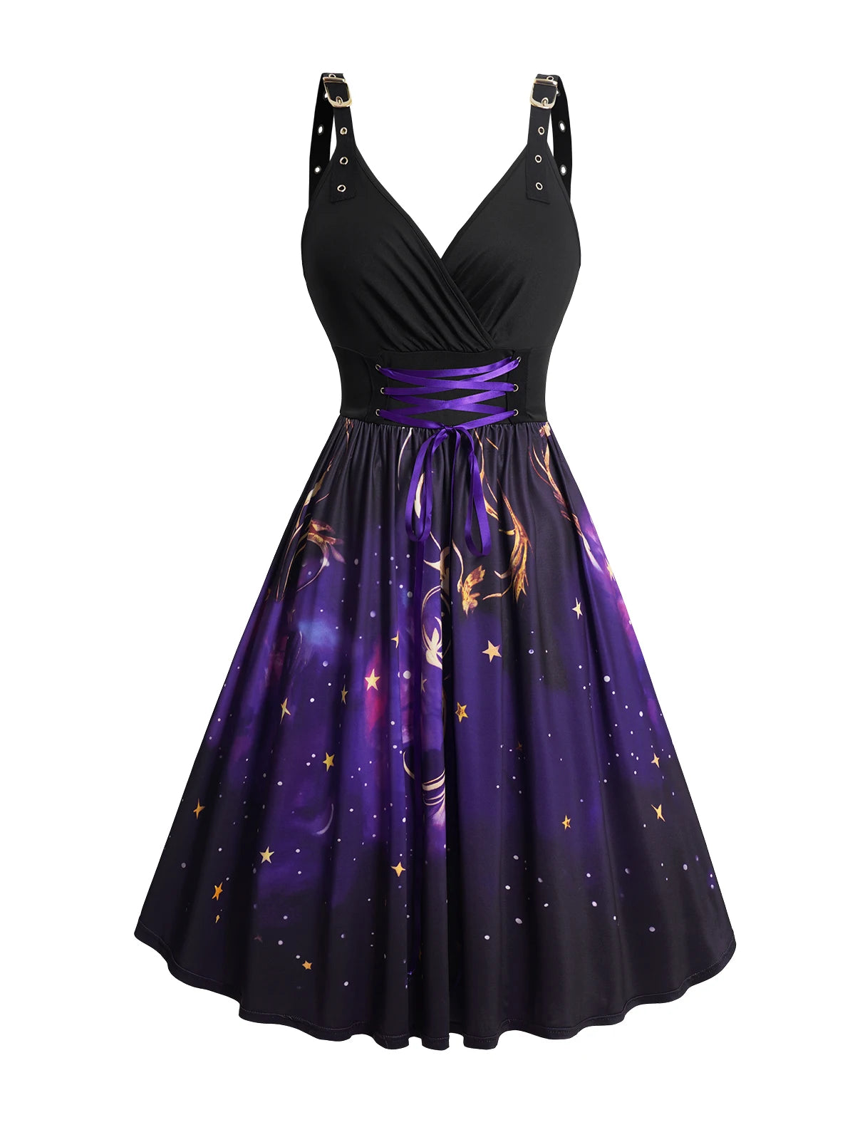 Black Purple Vintage 1950s Swing Dress Rockabilly