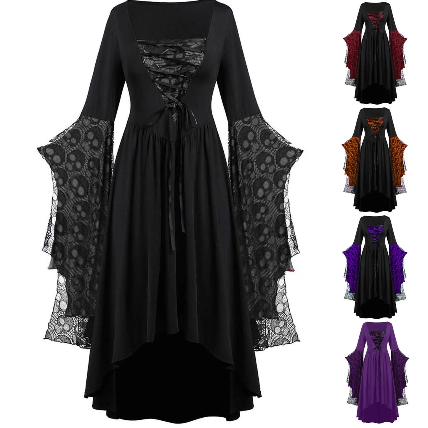 Gothic Long Black Witch Dress Halloween Fancy Dress Costume Green
