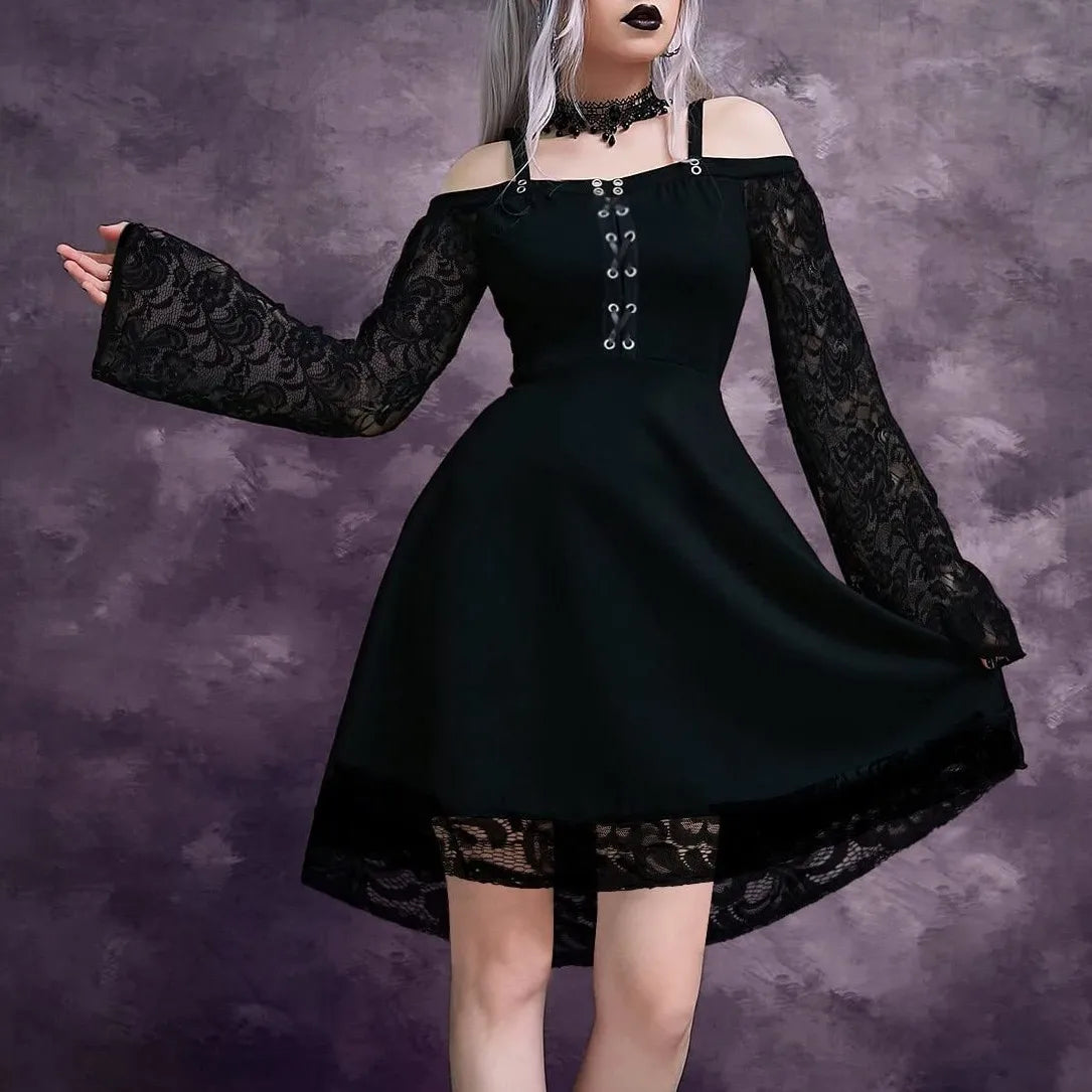 Gothic Lace Sleeve Flared Skater Dress