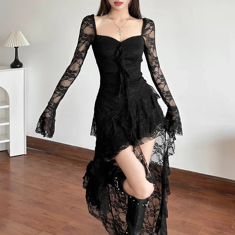 White Fairycore Lace Flare Sleeve Long Train Dress