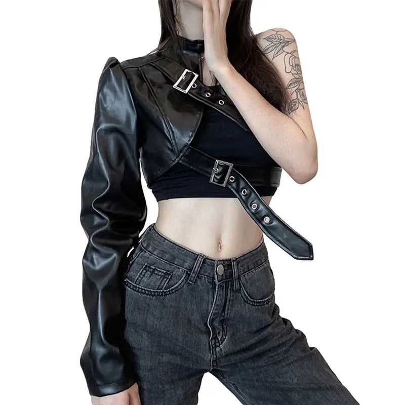 Faux Leather Goth Punk Belt Buckle One Shoulder Jacket Strap Top
