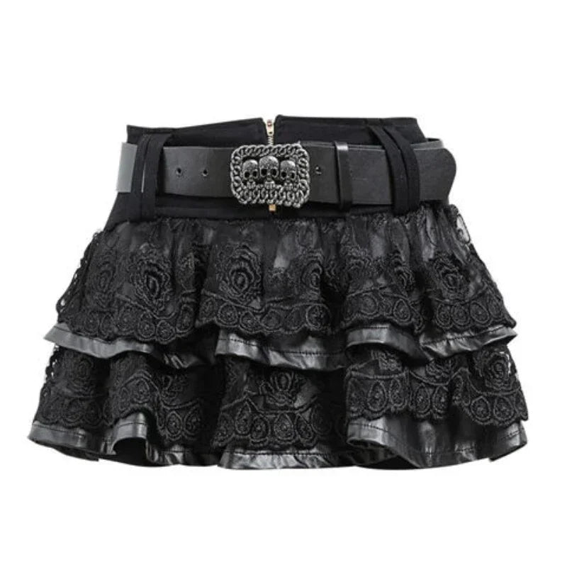 Sexy Gothic Punk Pu Leather Lace Mini Skirt with Belt