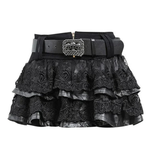 Sexy Gothic Punk Pu Leather Lace Mini Skirt with Belt