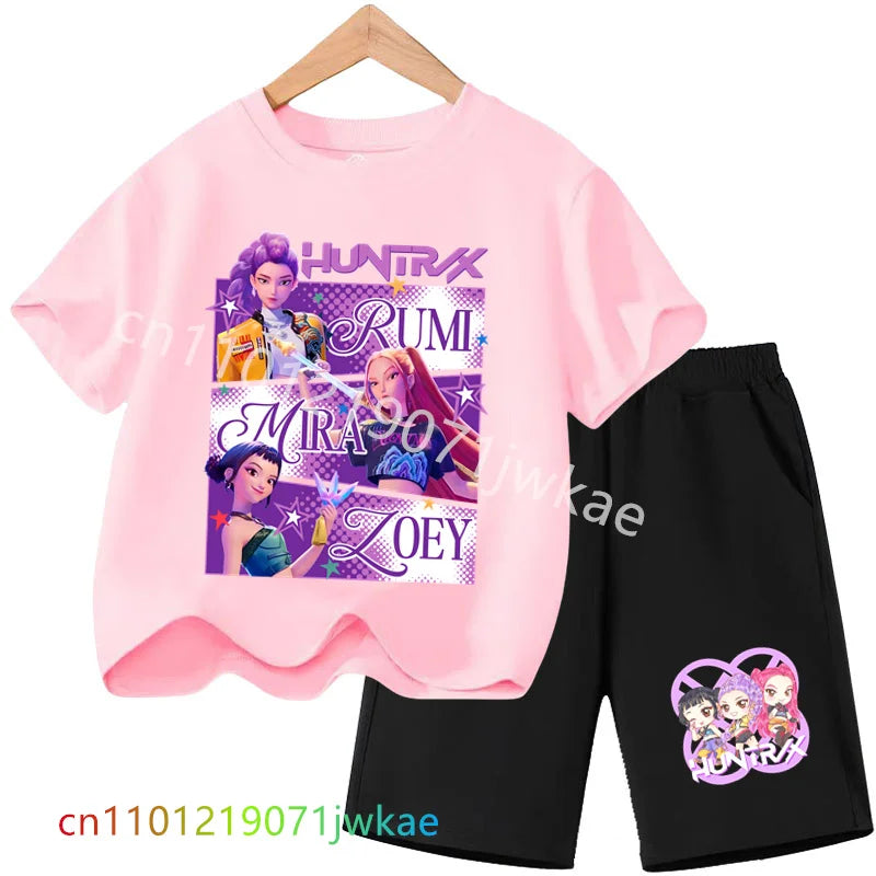 Huntrix T-shirt Set Kpop Demon Hunters Summer Clothes Shorts Rumi