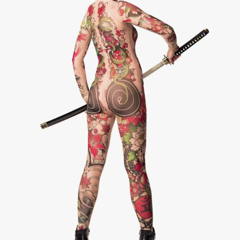 Sexy Halloween Tattoo Printed Dragon Bodysuit Costume Jumpsuit Women Fancy Dress