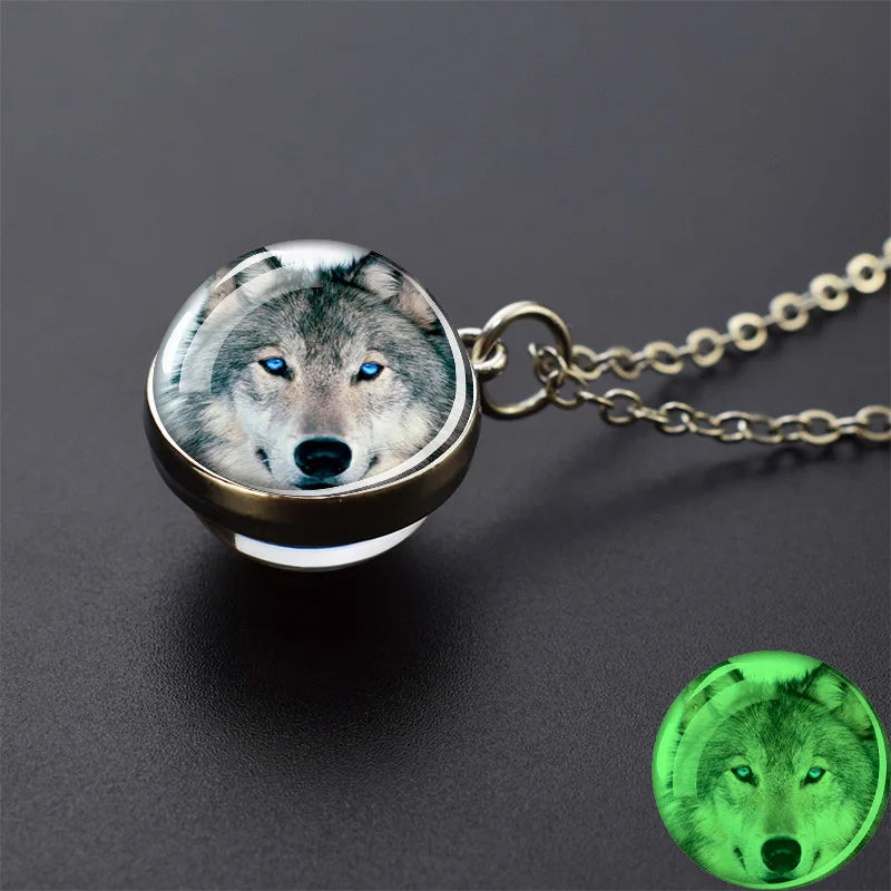 Glow in the Dark Wolf Necklaces Howling Wolf Head and Moon 2CM Glass Ball Pendant Double Sided