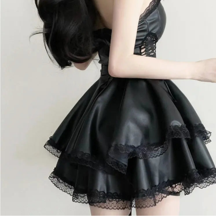 Gothic Punk Style Black Party Mini Dress Sexy Bondage PU Leather