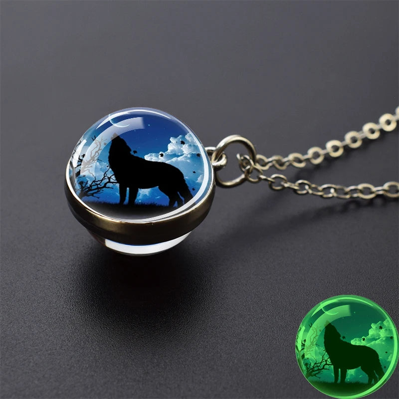Glow in the Dark Wolf Necklaces Howling Wolf Head and Moon 2CM Glass Ball Pendant Double Sided